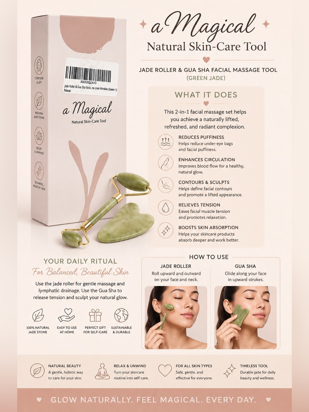Magic Green Jade Roller & Gua Sha Set for Facial Massage and Wrinkle prevention